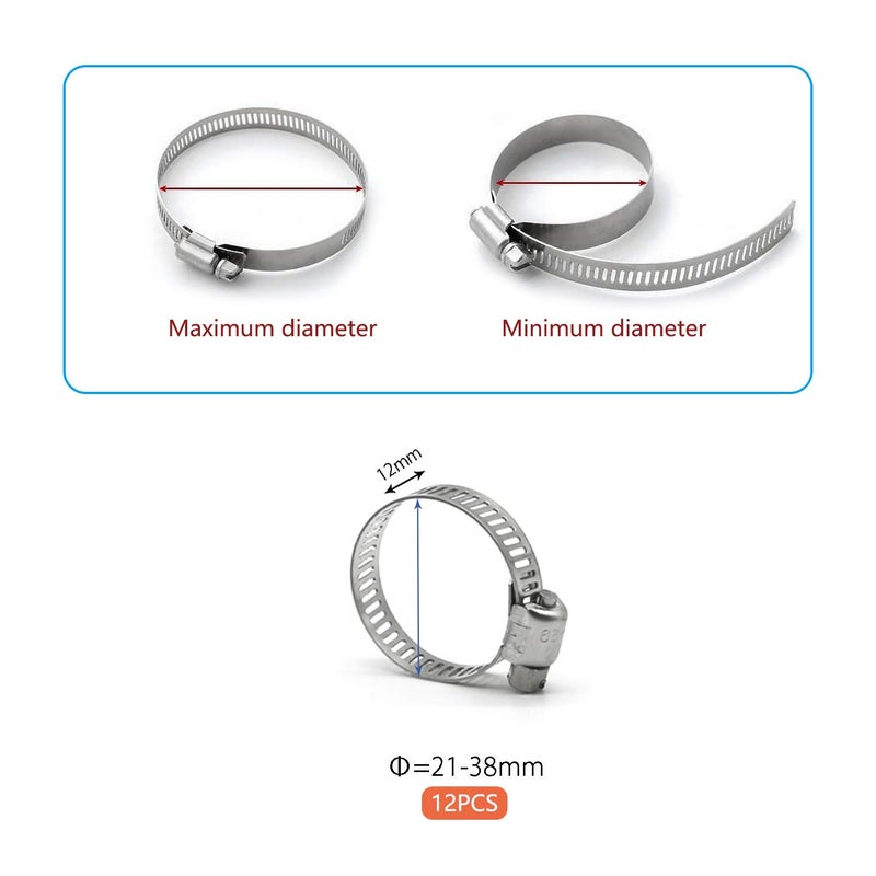 ZIPCCI Hose Clamp, 12 Pack Stainless Steel Worm Gear fuel line hose clamps, 21-38mm (3/4-1-1/2 inch) - Image 2